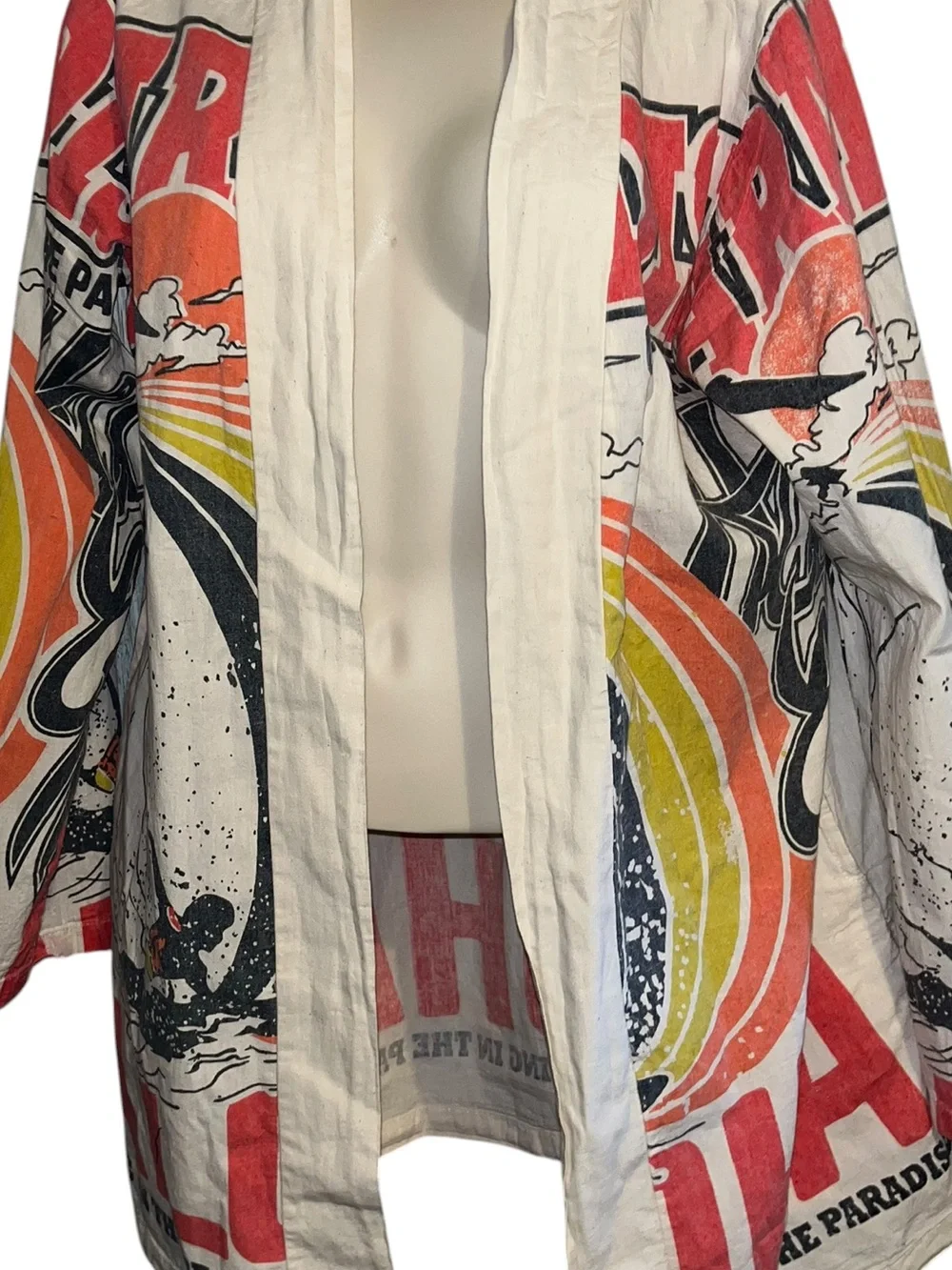 Vintage Graphic Beach Kimono Jacket - Cream with Red & Orange Print - Picture 6 of 8